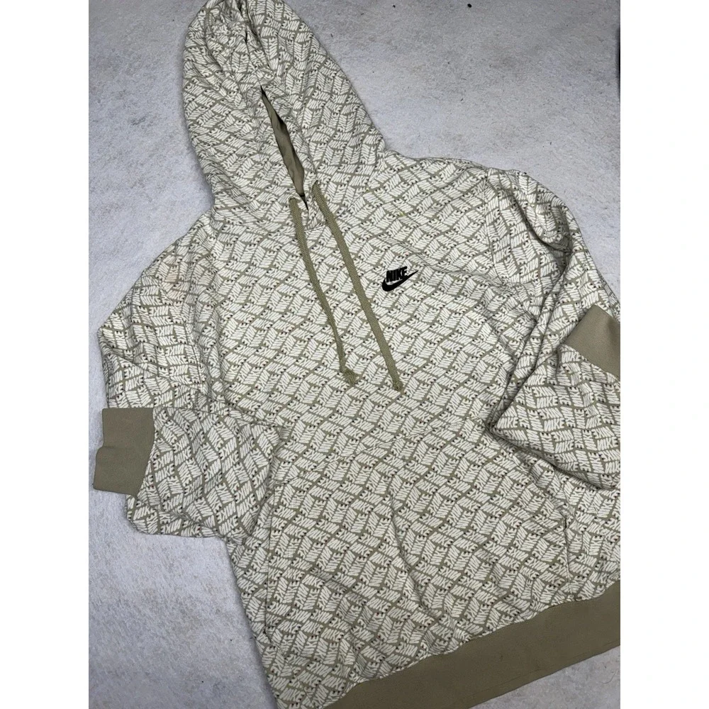Nike Essentials AOP Fleece Hoodie Mens Small Beige All Over Print Cotton‎ Swoosh